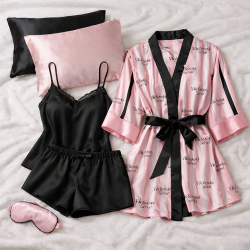 ست تاپ و شلوارک ساتن مشکی زنانه با روبدوشامبر Victoria Secret | (زمان اماده سازي ٧تا10 روزكاري)